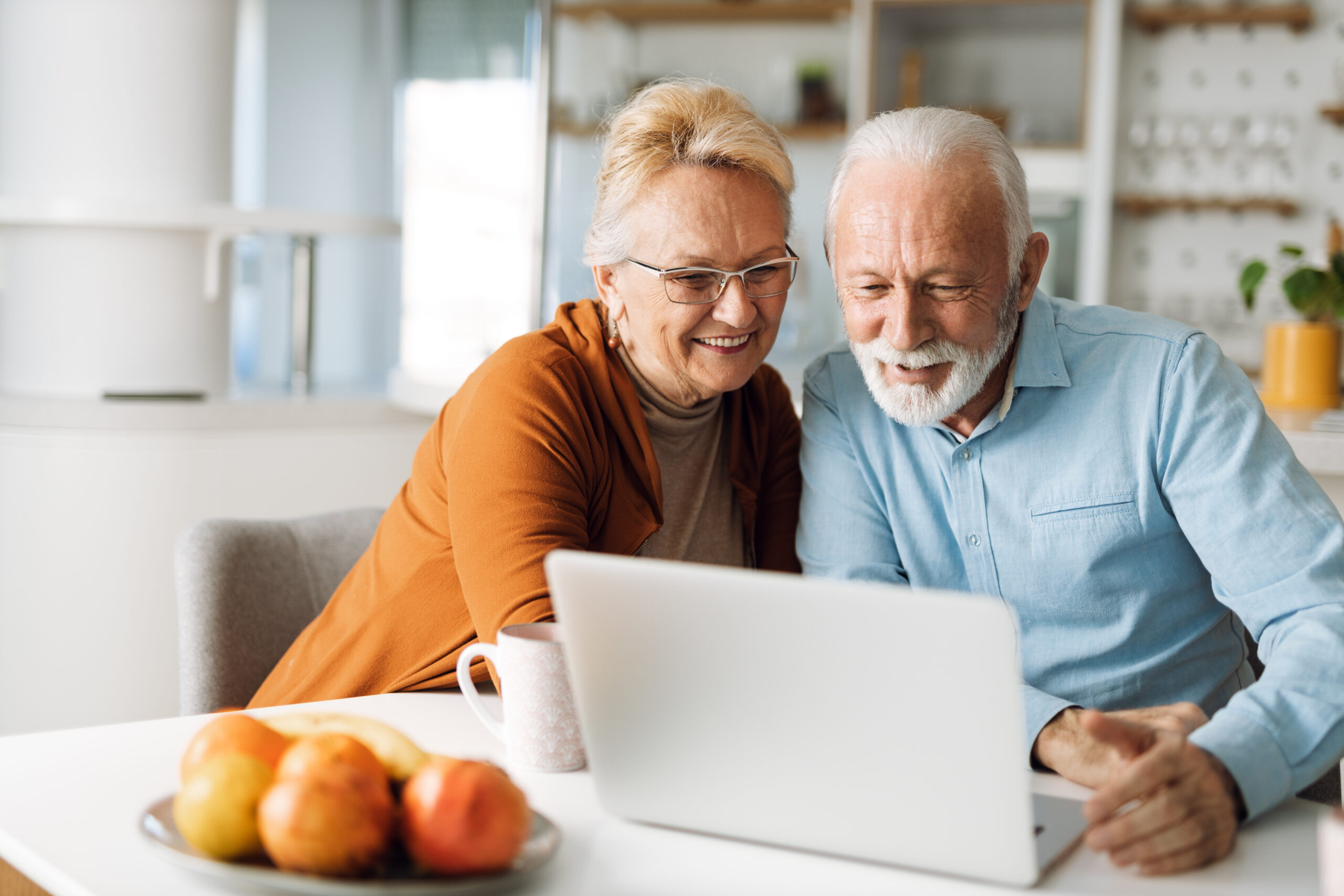 Senior couple looking at laptop computer.